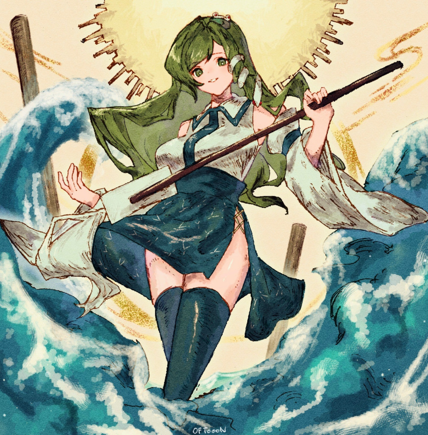 1girl aojirozame1228 bare_shoulders blue_sky blue_thighhighs breasts commentary_request detached_sleeves frog_hair_ornament gohei green_eyes green_hair hair_ornament high-waist_skirt highres holding holding_gohei kochiya_sanae long_hair long_sleeves medium_breasts ocean shirt side_slit single_sidelock skirt sky sleeveless sleeveless_shirt snake_hair_ornament solo thighhighs touhou very_long_hair white_shirt white_sleeves wide_sleeves