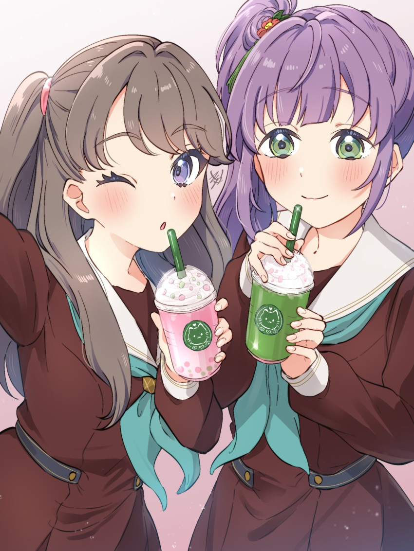 2girls ;o aqua_neckerchief blush brown_dress brown_hair closed_mouth cup disposable_cup dress drinking_straw flower frappuccino fujishima_megumi gradient_background green_eyes hair_flower hair_ornament hasu_no_sora_school_uniform highres kyaku_tatsu link!_like!_love_live! long_hair long_sleeves love_live! multiple_girls neckerchief one_eye_closed otomune_kozue parted_lips pink_background pleated_dress purple_eyes purple_hair red_flower sailor_collar sailor_dress school_uniform selfie side_ponytail sidelocks signature smile straight_hair two_side_up upper_body white_sailor_collar winter_uniform