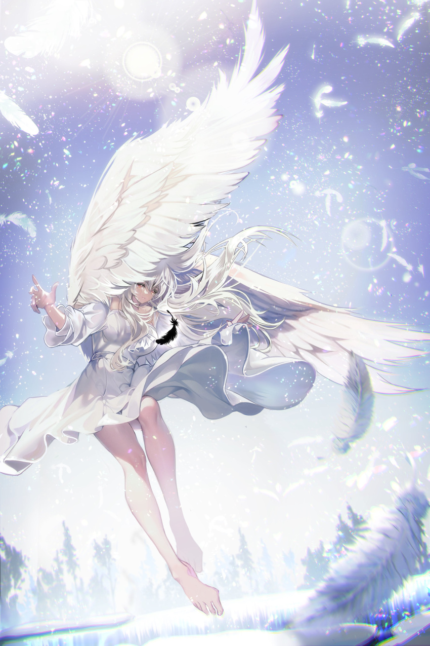 1girl absurdres angel bare_legs barefoot brown_eyes commentary_request crying crying_with_eyes_open day dress feathered_wings feathers forest fujiya_takao glitter hair_flowing_over highres lake long_legs nature original outstretched_arms shadow solo spread_arms spread_fingers sun tears white_dress white_feathers white_hair wind wings