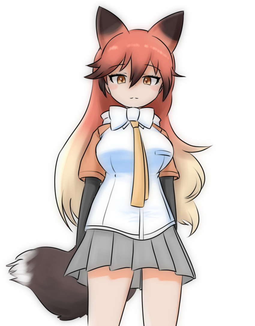 :&lt; animal_ears black_gloves black_hair blush bow bowtie cowboy_shot elbow_gloves extra_ears fox_ears fox_girl fox_tail gloves grey_skirt hair_between_eyes highres kemono_friends long_hair looking_at_viewer looking_down multicolored_hair necktie orange_eyes orange_hair orange_necktie orange_shirt pleated_skirt red_fox_(kemono_friends) red_hair shirt short_sleeves sidelocks skirt sokyokusen tail two-tone_shirt white_bow white_bowtie white_shirt