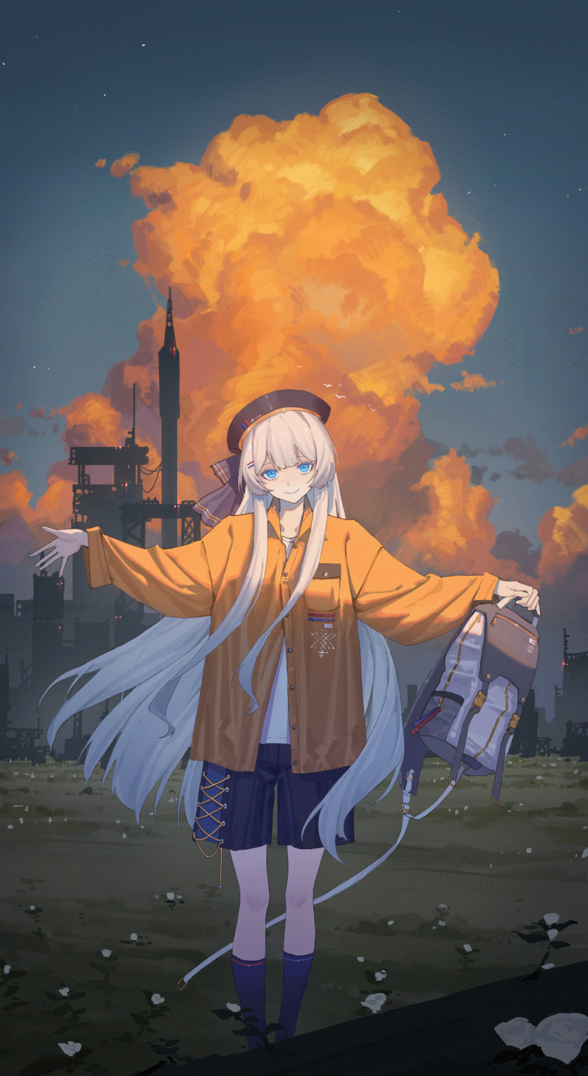 1girl absurdres areaaaron backpack bag black_headwear blue_eyes blue_shorts blue_socks cloud commentary english_commentary feet_out_of_frame highres holding holding_bag jacket long_hair long_sleeves looking_at_viewer orange_clouds orange_jacket original outstretched_arms rocket_ship ruins scenery shirt shorts smile socks spacecraft spread_arms white_hair white_shirt