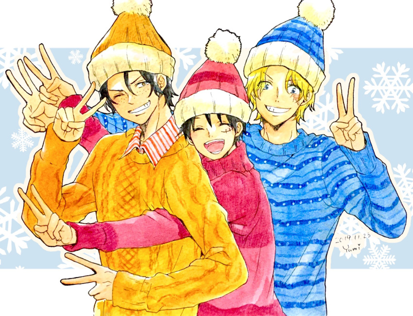 3boys ^_^ artist_name black_hair blonde_hair blue_background blue_headwear blue_sweater closed_eyes collared_shirt commentary_request dated freckles hanakotoba28 hat highres hug hug_from_behind long_sleeves looking_at_viewer male_focus monkey_d._luffy multiple_boys one_piece open_mouth orange_headwear orange_sweater portgas_d._ace red_headwear red_sweater sabo_(one_piece) scar scar_on_face shirt smile snowflakes striped_clothes striped_shirt sweater upper_body v vertical-striped_clothes vertical-striped_shirt