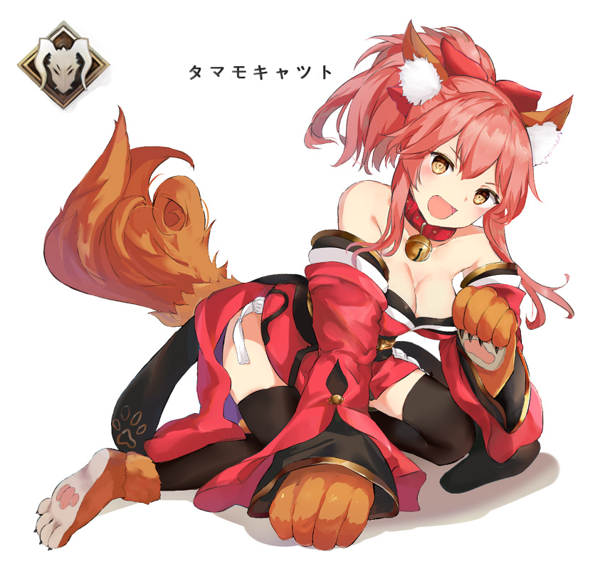 1girl :d all_fours animal_collar animal_ear_fluff animal_ears animal_hands bare_shoulders bell black_thighhighs bow breasts cleavage clip_studio_paint_(medium) collar detached_sleeves fangs fate/grand_order fate_(series) fox_ears fox_girl fox_tail full_body gloves hair_bow hand_up highres japanese_clothes jingle_bell kimono mosta_(lo1777789) neck_bell open_mouth paw_gloves paw_pose paw_shoes pink_hair ponytail red_bow red_collar red_kimono red_sleeves short_kimono simple_background sleeveless sleeveless_kimono smile solo tail tamamo_(fate) tamamo_cat_(fate) tamamo_cat_(first_ascension)_(fate) thighhighs translation_request white_background yellow_eyes