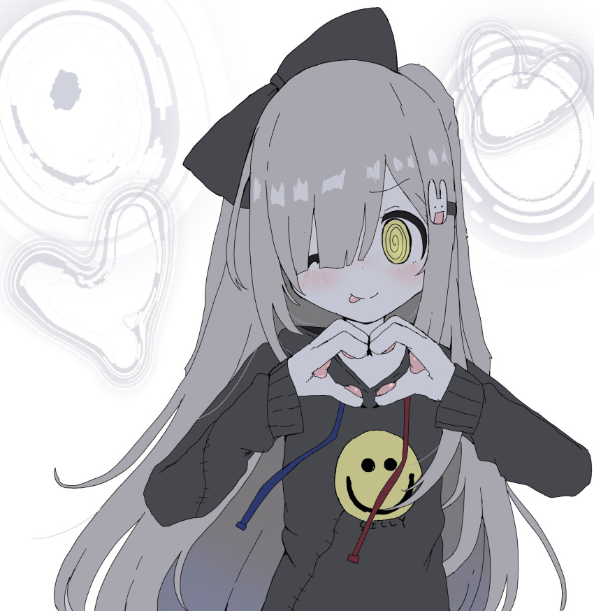 1girl :p @_@ animal_hands black_bow black_hoodie bow claws closed_mouth floppy_ears furry furry_female hair_bow hair_ornament hair_over_one_eye hands_up heart heart_hands highres hood hood_down hoodie long_hair long_sleeves looking_at_viewer one_eye_closed original oyasu_miyo pawpads print_hoodie rabbit_hair_ornament simple_background smile smiley_face solo stitches tongue tongue_out vreparty white_background yellow_eyes