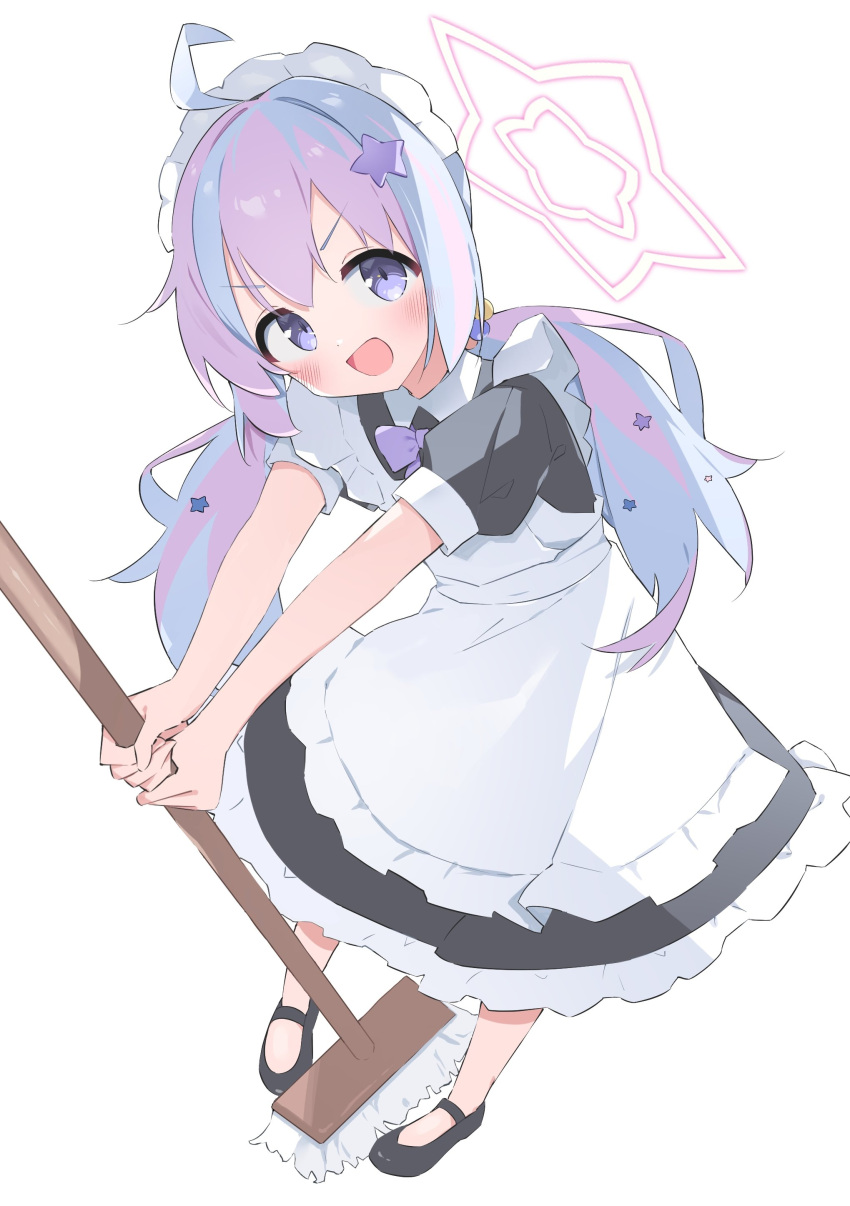 1girl :d absurdres ahoge alternate_costume apron black_dress black_footwear blue_archive blue_hair blush bow bowtie broom commentary dress enmaided frilled_apron frilled_dress frills full_body hair_ornament halo highres holding holding_broom long_hair looking_at_viewer maid maid_apron maid_headdress multicolored_hair open_mouth pink_hair pink_halo puffy_short_sleeves puffy_sleeves purple_bow purple_bowtie purple_eyes reisa_(blue_archive) short_sleeves simple_background smile solo star_(symbol) star_hair_ornament streaked_hair suta0822 two-tone_hair white_background