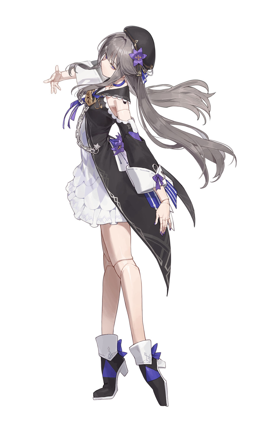 1girl arm_at_side arm_up beret black_footwear black_headwear black_shirt boots clothing_cutout cotta_(heleif) doll_joints dress floating_hair flower full_body grey_hair hair_flower hair_intakes hair_ornament hat head_tilt herta_(honkai:_star_rail) high_heel_boots high_heels highres honkai:_star_rail honkai_(series) joints long_hair long_sleeves looking_at_viewer low_twintails neck_ribbon open_clothes open_shirt profile purple_eyes purple_flower purple_ribbon ribbon shirt short_dress shoulder_cutout sideways_glance simple_background solo twintails white_background white_dress