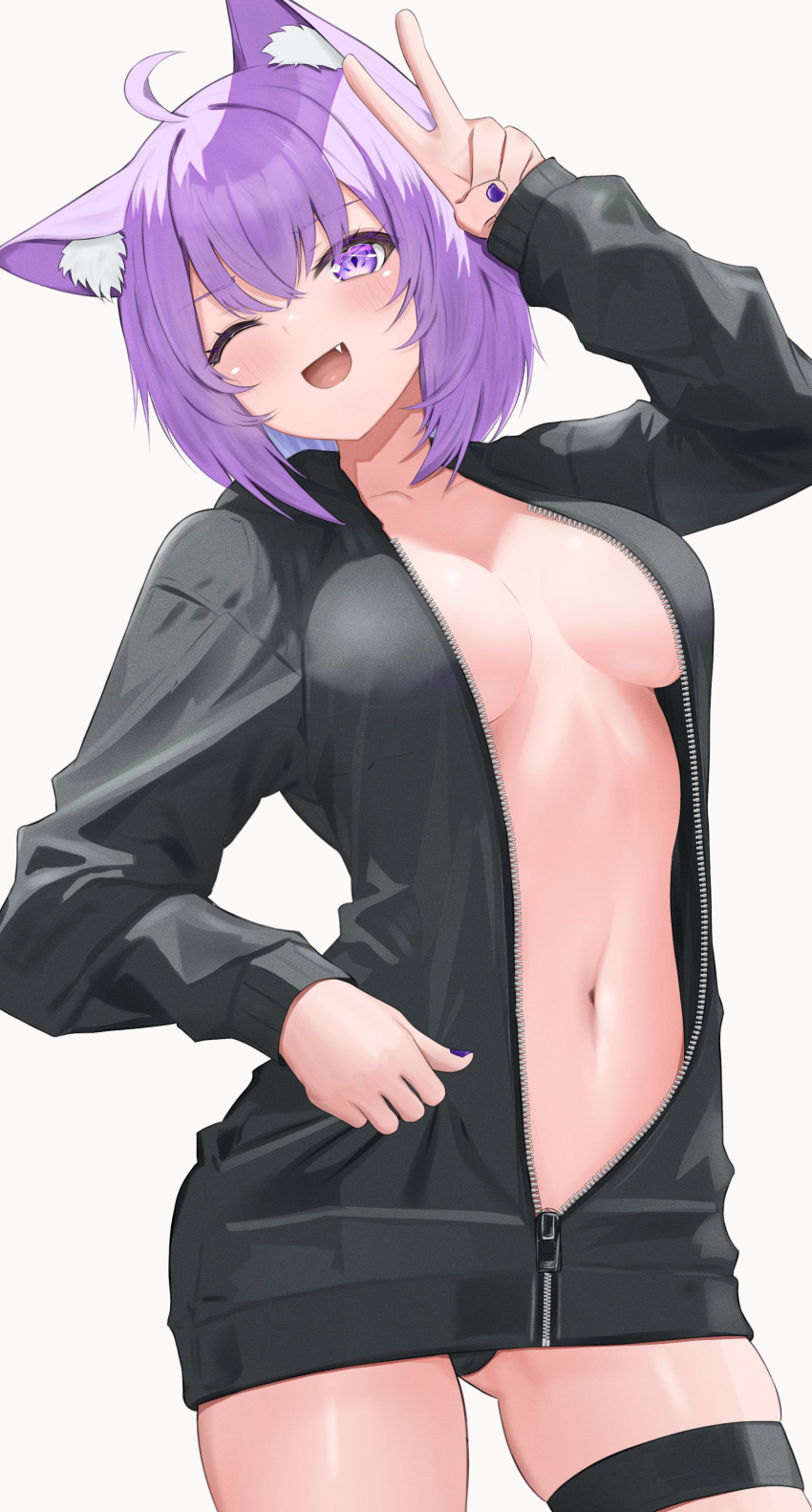 1girl absurdres ahoge alternate_costume animal_ear_fluff animal_ears arm_up ass_visible_through_thighs black_jacket black_panties blush breasts breasts_apart cat_ears center_opening commentary_request cowboy_shot fang hand_on_own_hip highres hololive jacket large_breasts long_sleeves looking_at_viewer nail_polish navel nekomata_okayu no_bra no_pants one_eye_closed open_mouth panties pantyshot partially_unzipped purple_eyes purple_hair purple_nails short_hair simple_background smile thigh_strap underwear v variant_set virtual_youtuber white_background zone_bell_nyan