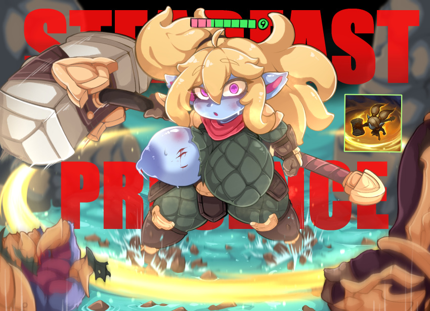 areola armor big_breasts blonde_hair blood blue_body bodily_fluids breasts clothing female gameplay_mechanics group hair hammer health_bar hi_res huge_breasts humanoid humanoid_pointy_ears league_of_legends melee_weapon nipples one_breast_out pigtails pink_eyes poppy_(lol) puffy_areola puffy_nipples riot_games scratches shinolara short_stack solo_focus thick_thighs tools torn_clothing video_games weapon yordle
