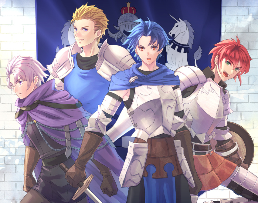 4boys armor banner blonde_hair blue_cloak blue_eyes blue_hair breastplate brown_gloves character_request clenched_hands cloak commentary_request gloves greaves green_eyes grey_hair hair_slicked_back hands_on_own_hips holding holding_shield holding_sword holding_weapon looking_ahead looking_at_viewer male_focus multiple_boys open_mouth purple_cloak purple_eyes red_eyes red_hair riou_(pooh920) serious shield short_hair smile spiked_hair sword unicorn_overlord upper_body weapon