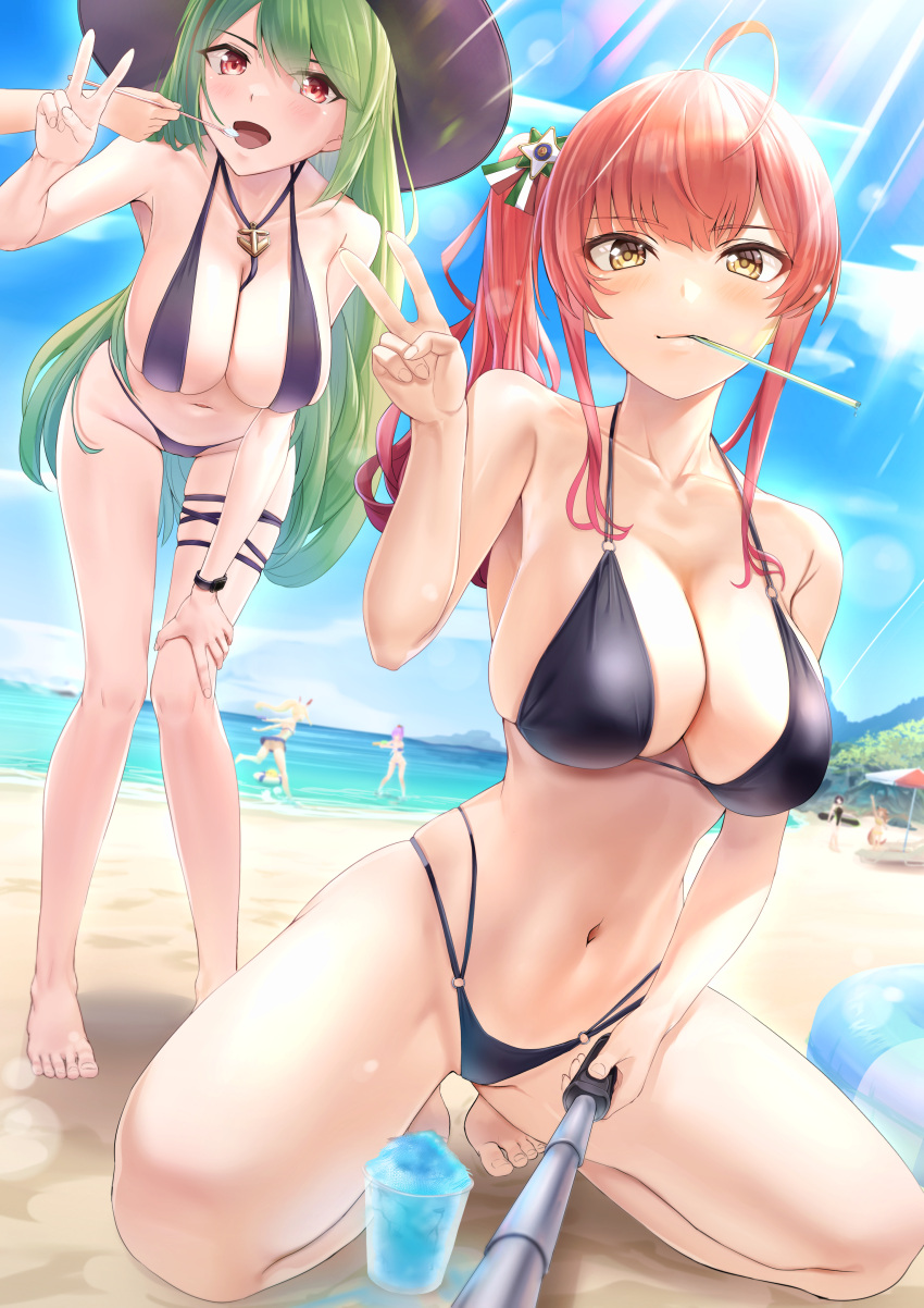 6+girls absurdres ahoge anchor_necklace arm_up ayanami_(azur_lane) azur_lane ball baltimore_(azur_lane) bare_shoulders barefoot beach beach_chair beach_umbrella beachball between_breasts bikini bird black_bikini black_one-piece_swimsuit blonde_hair blue_bikini blue_skirt blue_sky breasts bremerton_(azur_lane) brown_hair chick cleavage closed_mouth cloud collarbone commentary competition_swimsuit day feeding food full_body green_hair hair_between_eyes hair_ornament hand_on_own_thigh hat headgear highleg highleg_bikini highres holding holding_spoon holding_surfboard holding_water_gun innertube italian_flag javelin_(azur_lane) javelin_(beach_picnic!)_(azur_lane) jewelry kneeling large_breasts leaning_forward lens_flare littorio_(azur_lane) littorio_(the_glory_of_naples)_(azur_lane) long_hair looking_at_viewer manjuu_(azur_lane) multicolored_hair multiple_girls navel necklace o-ring o-ring_bikini ocean official_alternate_costume one-piece_swimsuit open_mouth outdoors pink_hair ponytail purple_hair red_eyes red_hair selfie selfie_stick shadow shaved_ice short_hair side_ponytail sidelocks skindentation skirt sky spoon standing stomach streaked_hair sun_hat surfboard swim_ring swimsuit takumi_nosiro thigh_strap umbrella utensil_in_mouth v very_long_hair watch water_gun waving white_bikini wristwatch yellow_eyes zara_(azur_lane) zara_(poolside_coincidence)_(azur_lane)