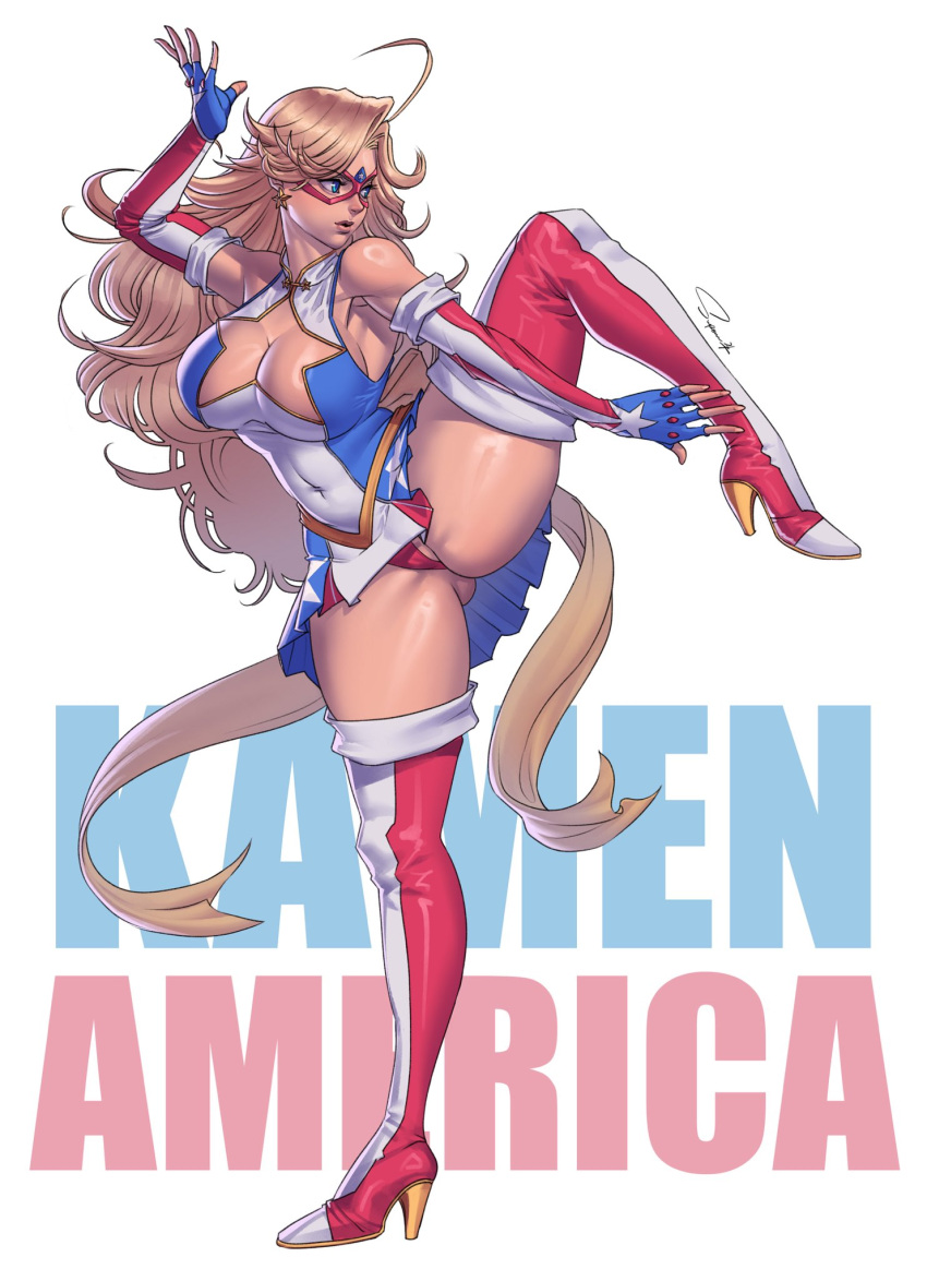 1girl ahoge ass_visible_through_thighs bare_shoulders blonde_hair blue_eyes boots breasts cleavage cleavage_cutout clothing_cutout copyright_name covered_navel detached_sleeves domino_mask fighting_stance fingerless_gloves full_body gloves high_heel_boots high_heels highres kamen_america kamen_america_(comic) large_breasts leg_up leotard lips long_hair mask navel parted_bangs pleated_skirt showgirl_skirt signature simple_background skirt solo some1nex standing standing_on_one_leg thigh_boots tight_clothes very_long_hair white_background