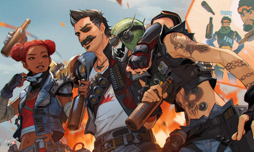 1girl 3boys apex_legends arm_around_shoulder arm_tattoo bandana black_eyes black_gloves black_hair black_vest blue_hair blue_vest bottle brown_eyes cropped_vest crying crying_with_eyes_open dark_skin dark_skinned_female dark_skinned_male denim_vest double_bun eyepatch facial_hair fingerless_gloves fuse_(apex_legends) gloves goggles goggles_on_head hair_behind_ear highres holding holding_bottle iwamoto_zerogo jewelry lifeline_(apex_legends) mirage_(apex_legends) multicolored_hair multiple_boys mustache navel necklace octane_(apex_legends) one_eye_covered open_hand parted_lips red_hair signature smile soul_patch stomach_tattoo streaked_hair tattoo tears vest