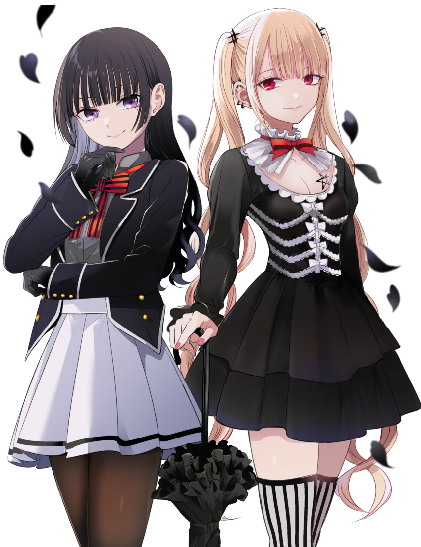 2girls black_dress black_gloves black_hair black_jacket black_umbrella blazer blonde_hair bow breasts brown_pantyhose character_request cleavage closed_mouth closed_umbrella collared_shirt commentary_request crossover dress dress_shirt gloves grey_shirt highres inugami_reon jacket kishuku_gakkou_no_juliet kuroneko_to_majo_no_kyoushitsu long_hair long_sleeves looking_at_viewer multiple_girls nail_polish natsupa open_clothes open_jacket pantyhose petals pink_nails pleated_dress pleated_skirt puffy_long_sleeves puffy_sleeves purple_eyes red_bow red_eyes school_uniform shirt simple_background skirt small_breasts smile striped_bow striped_clothes striped_thighhighs thighhighs twintails umbrella vertical-striped_clothes vertical-striped_thighhighs very_long_hair white_background white_skirt