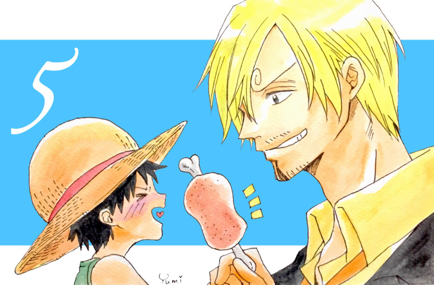 &gt;_&lt; 2boys black_hair black_jacket blonde_hair blue_background blush collared_shirt curly_eyebrows facial_hair food goatee green_shirt hanakotoba28 hat heart highres holding holding_food jacket looking_down male_focus meat monkey_d._luffy multiple_boys mustache_stubble notice_lines one_piece profile sanji_(one_piece) shirt short_hair signature sleeveless sleeveless_shirt smile straw_hat stubble yellow_shirt