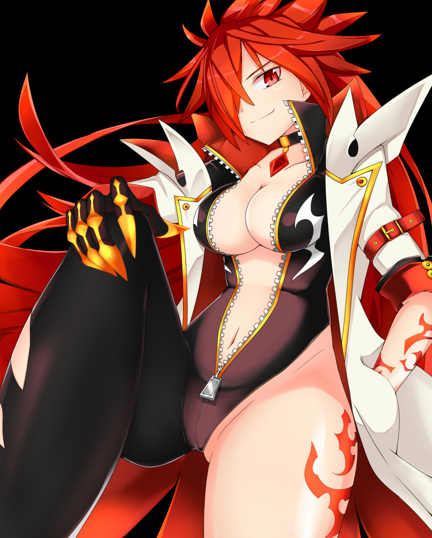 1girl asymmetrical_clothes black_background black_bodysuit black_gloves bodysuit breasts center_opening choker cleavage coat elesis_(elsword) elsword flame_lord_(elsword) full-length_zipper gloves hair_over_one_eye hand_in_pocket hand_on_own_knee highres kotuzui_yositune large_breasts leg_tattoo long_hair looking_at_viewer navel open_clothes red_eyes red_hair simple_background single_pantsleg smile solo spiked_hair tattoo unzipped very_long_hair white_coat zipper