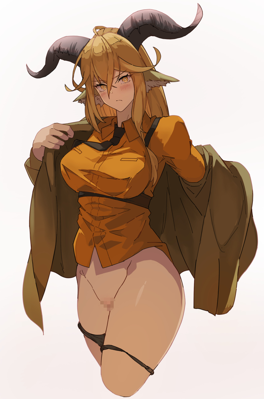 1girl absurdres animal_ears annoyed arknights black_necktie black_panties blonde_hair blush bottomless breasts bright_pupils brown_jacket censored chest_strap closed_mouth collared_shirt cowboy_shot cropped_legs crotch degenbrecher_(arknights) dress_shirt embarrassed face_in_shadow frown goat_ears goat_horns groin hair_between_eyes hands_up head_tilt highres horns jacket kiso_(wjnomcuzqmdjcql) large_breasts long_hair long_sleeves looking_at_viewer mosaic_censoring necktie orange_shirt panties removing_jacket shirt shoulder_strap sidelocks simple_background solo thighs underbust underwear undressing white_background white_pupils yellow_eyes