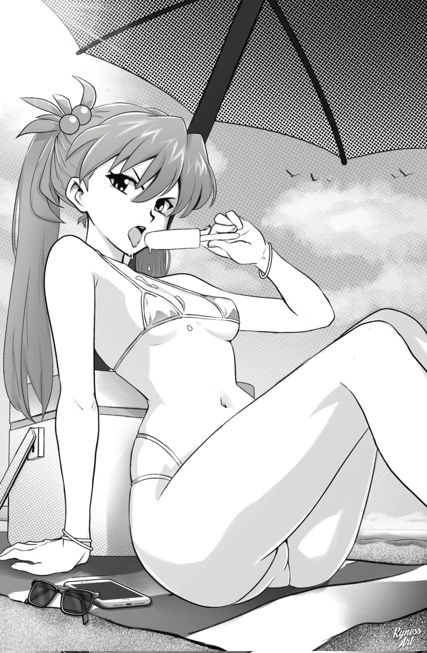 1girl arm_support artist_name beach bikini bracelet cellphone cloud cloudy_sky cooler cover cover_page doujin_cover eyebrows_hidden_by_hair feet_out_of_frame food frown hair_between_eyes hair_ornament highleg highleg_bikini highres holding holding_food holding_popsicle jewelry leaning_back long_hair looking_at_viewer micro_bikini monochrome narrow_waist navel neon_genesis_evangelion parasol phone popsicle ryness sexually_suggestive shadow simple_bird sky smartphone solo souryuu_asuka_langley spanish_commentary sunglasses swimsuit textless_version thighs towel two_side_up umbrella very_long_hair