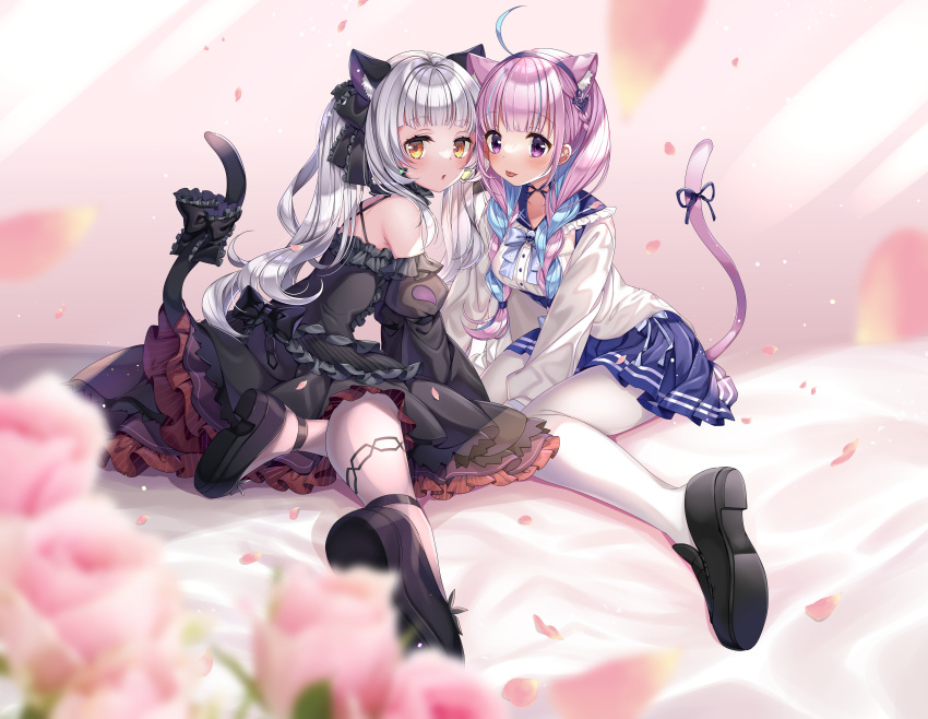 2girls :p absurdres ahoge animal_ear_fluff animal_ears bare_shoulders bed black_dress black_footwear blue_hair blue_sailor_collar blush bow cat_ears cat_girl cat_tail choker criss-cross_back-straps criss-cross_halter dress extra_ears face-to-face foreshortening frilled_choker frills full_body gothic_lolita grey_hair halter_dress halterneck highres hololive kashiba_aira kneeling loafers lolita_fashion long_hair looking_at_viewer minato_aqua minato_aqua_(sailor) multiple_girls murasaki_shion murasaki_shion_(gothic_lolita) pantyhose perspective purple_hair ribbon sailor_collar shoes sitting tail tail_bow tail_ornament tail_ribbon tongue tongue_out twintails virtual_youtuber yuri