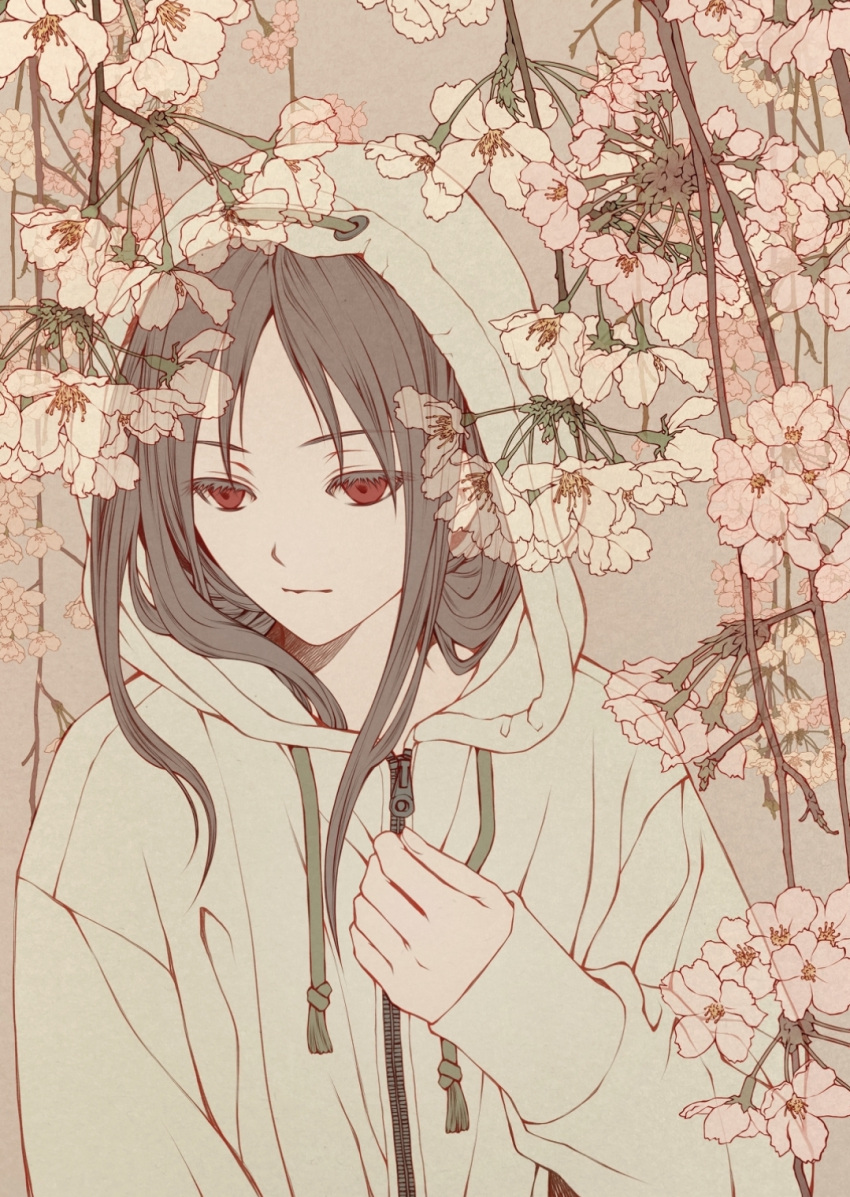 1boy artist_request bad_id bad_pixiv_id black_dress black_hair branch cherry_blossoms dress highres hood hood_up hoodie kaguya-sama_wa_kokurasetai_~tensai-tachi_no_renai_zunousen~ light_smile long_hair long_sleeves plant red_eyes shinomiya_kaguya sidelocks solo white_hoodie