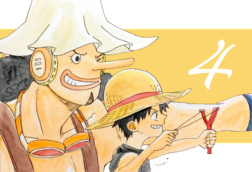 2boys afro black_eyes black_hair black_shirt child eyelashes facial_hair goatee goggles goggles_around_neck hanakotoba28 hat headphones highres holding holding_slingshot long_nose looking_ahead male_focus monkey_d._luffy multiple_boys one_eye_closed one_piece orange_background overalls profile shirt short_hair sleeveless sleeveless_shirt slingshot_(weapon) smile straw_hat usopp