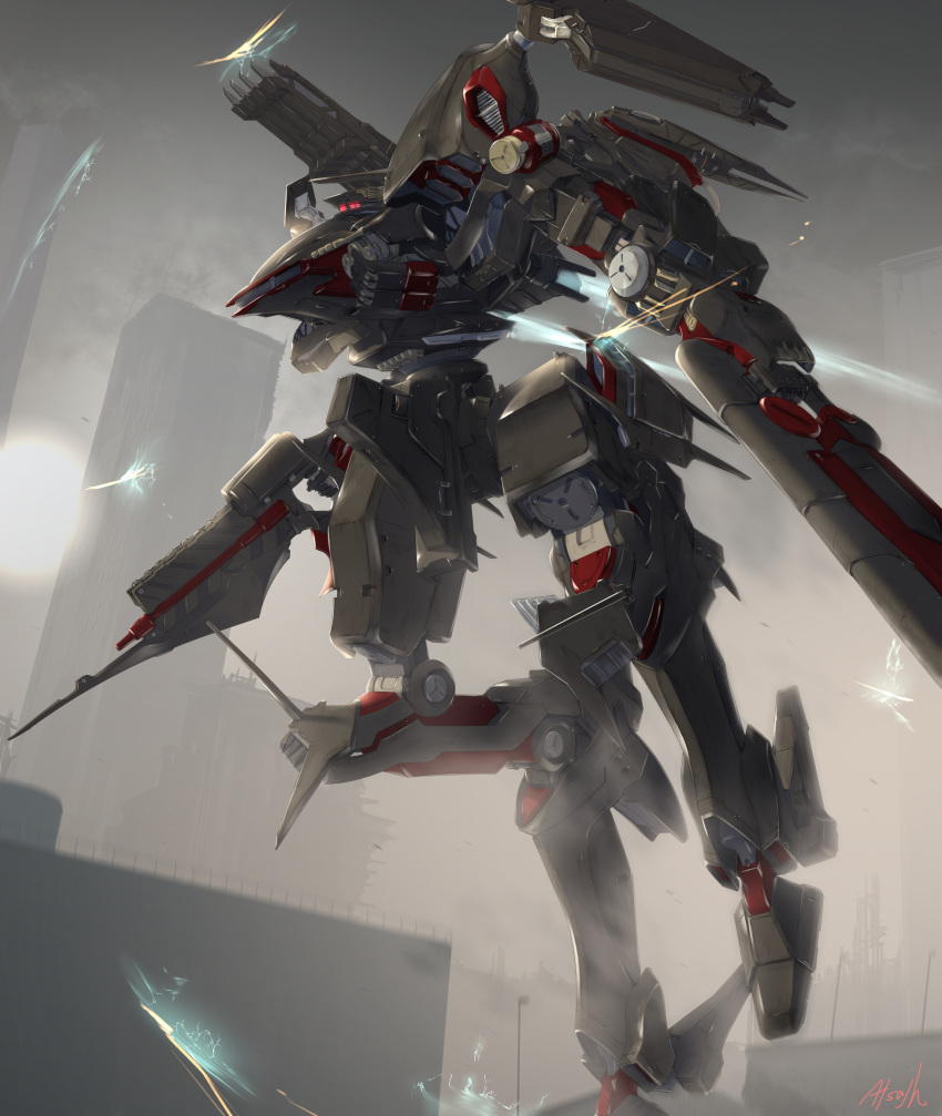 armored_core armored_core:_for_answer artist_name atsajh commission dual_wielding gun highres holding holding_gun holding_weapon mecha no_humans red_eyes running science_fiction skeb_commission solo unsung weapon