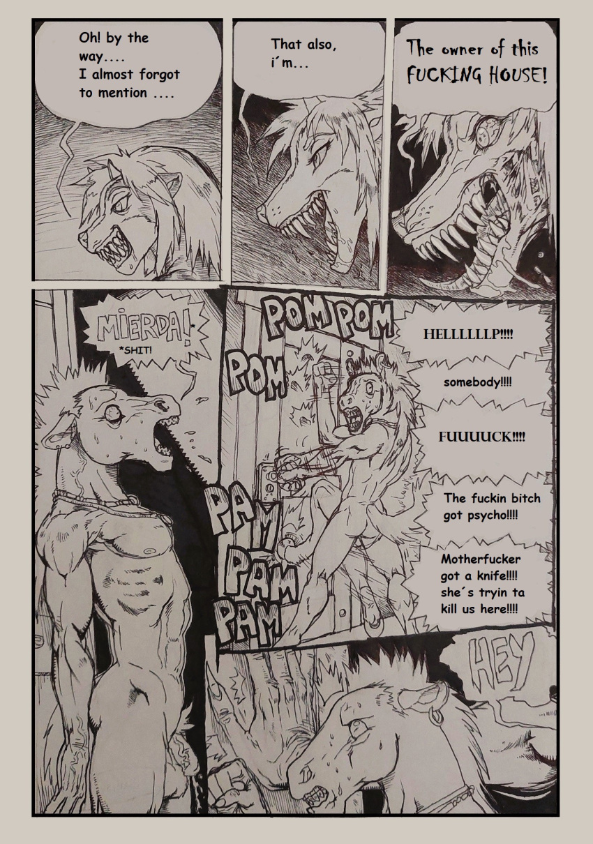 5_fingers anthro balls biped bodily_fluids claws comic dialogue door duo english_text equid equine fangs female fingers flaccid genital_fluids genitals hair hi_res hooves horn horse male mammal mariano mephitid monochrome multiple_scenes open_mouth paco_(mariano) penis sharp_teeth skunk solo sonya_(keyblademark) spanish_text speech_bubble tail teeth text tongue tongue_out traditional_media_(artwork) urine vein veiny_penis