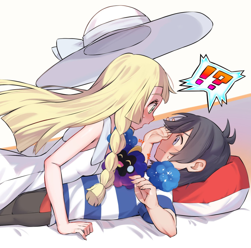 ! 1boy 1girl ? black_hair black_shorts blonde_hair blue_eyes blush braid cosmog dress elio_(pokemon) girl_on_top green_eyes hat highres lillie_(pokemon) long_hair looking_at_another lying nyorotono pillow pokemon pokemon_sm shirt short_hair shorts sleeveless sleeveless_dress sun_hat sundress sweat twin_braids white_dress white_headwear