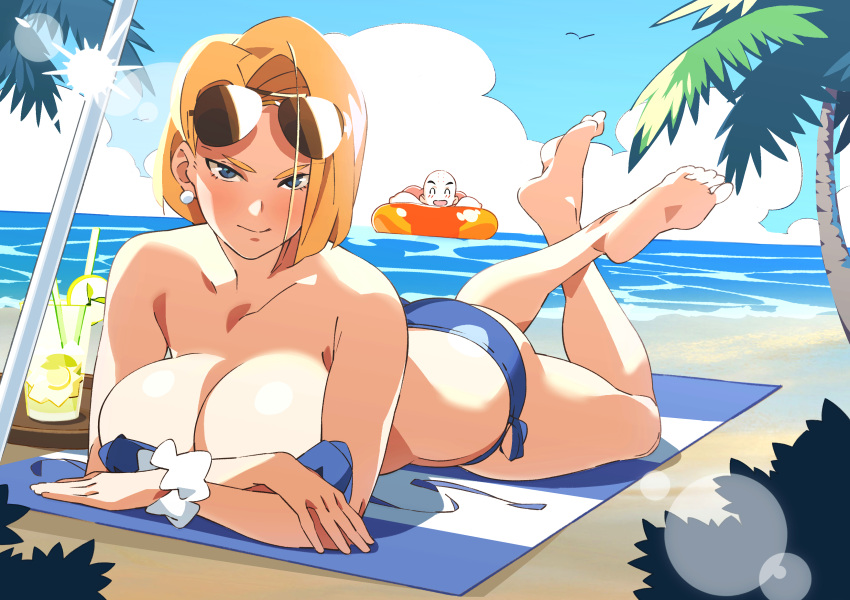 1boy 1girl absurdres android_18 bald beach bikini bikini_top_removed blonde_hair breasts cleavage cloud dragon_ball dragon_ball_z eyewear_on_head highres husband_and_wife innertube kuririn large_breasts lens_flare light_blush looking_at_viewer lying nisego ocean on_stomach palm_tree smile sunglasses sunlight swimsuit tree