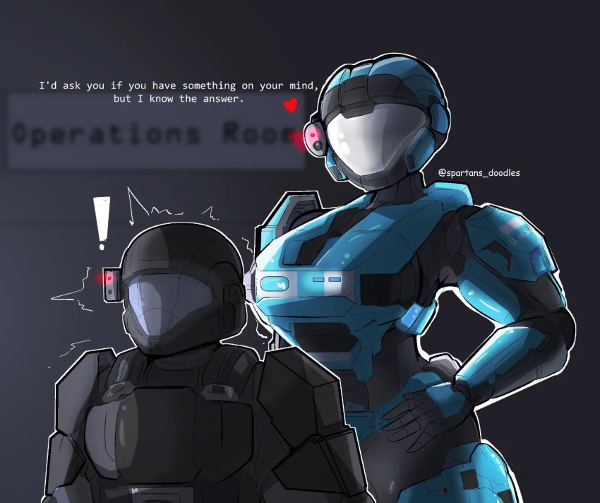 ! 1boy 1girl armor artist_name assault_visor breastplate catherine-b320 english_commentary english_text halo:_reach halo_(series) hand_on_own_hip head_tilt heart height_difference helmet highres odst power_armor spartan_(halo) spartans_doodles surprised