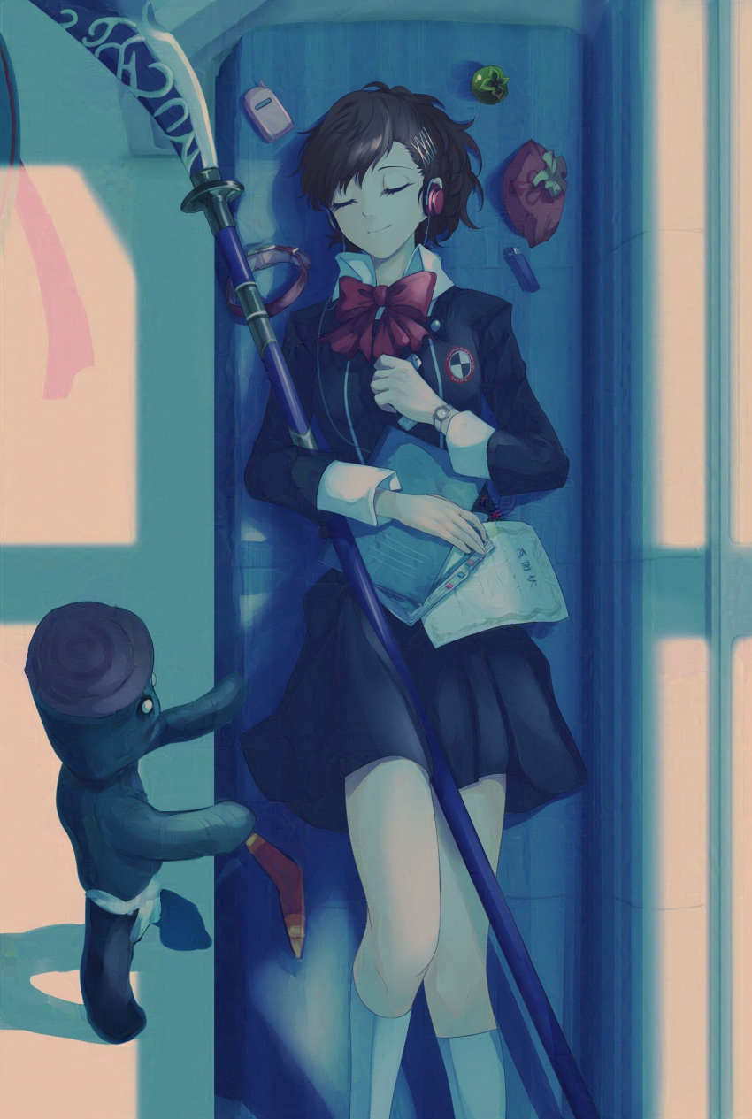 1girl andkyuryuu black_jacket black_skirt book boomerang bow bowtie brown_hair cellphone closed_eyes closed_mouth collar collared_shirt commentary feet_out_of_frame flip_phone folder from_above gekkoukan_high_school_uniform glaze_artifacts hair_ornament hairclip headphones highres holding holding_book holding_folder holding_paper holding_polearm holding_weapon jacket knee_up kneehighs lighter long_sleeves lying naginata on_back paper persona persona_3 persona_3_portable phone polearm ponytail red_bow red_headphones school_uniform shadow_(persona) shiomi_kotone shirt short_hair skirt sleeping smile socks solo train train_interior unworn_collar watch weapon white_shirt white_socks wing_collar wristwatch
