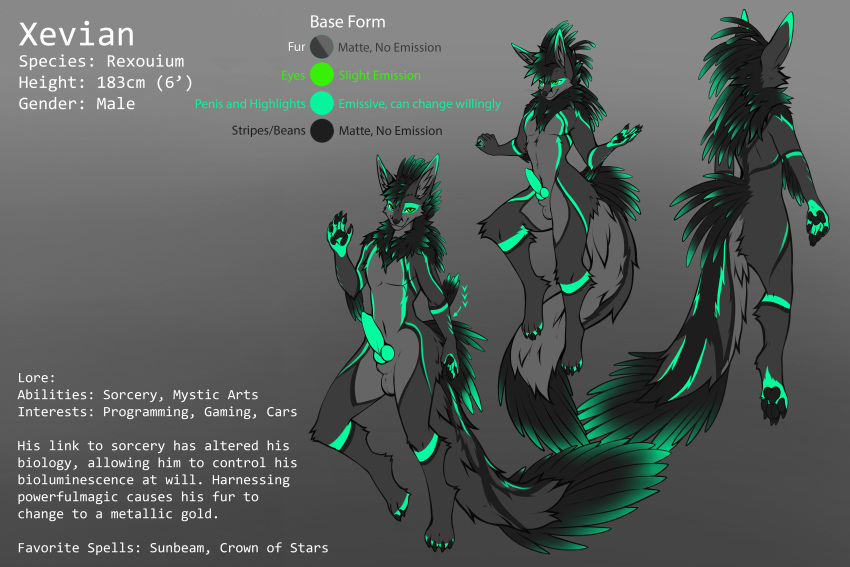 absurd_res angiewolf animal_genitalia animal_penis anthro balls bioluminescence black_stripes canine_genitalia canine_penis feathers fur genitals glowing green_body green_eyes green_feathers green_fur green_penis grey_body grey_fur hi_res knot male model_sheet penis rexouium sheath solo stripes xevian_(xevianlight)