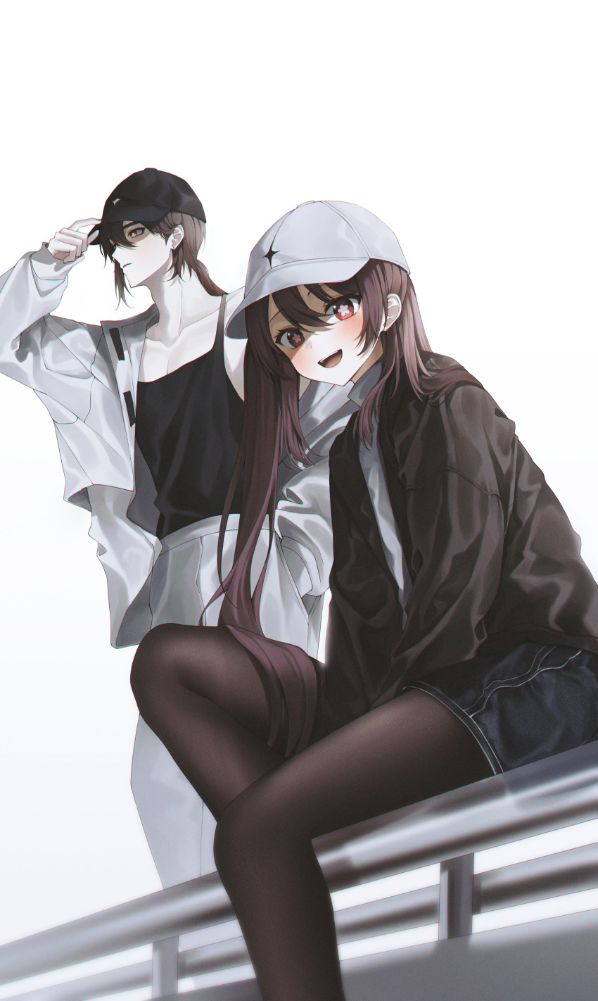 1boy 1girl :d absurdres alternate_costume baseball_cap black_hair black_pantyhose blush brown_hair clothes_lift colored_tips flower-shaped_pupils genshin_impact gradient_hair hair_between_eyes hand_up hat highres hu_tao_(genshin_impact) jacket long_hair looking_at_viewer multicolored_hair open_mouth pantyhose ponytail red_eyes shirt_lift shorts side_ponytail sidelocks sitting smile solcha symbol-shaped_pupils teeth twintails upper_teeth_only yellow_eyes zhongli_(genshin_impact)