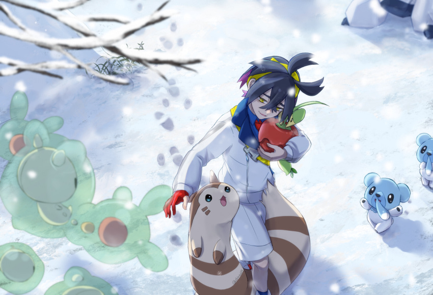 1boy black_hair blue_shirt branch collared_shirt commentary_request crossed_bangs cubchoo day dipplin footprints furret gloves hairband highres holding holding_pokemon jacket kieran_(pokemon) long_sleeves male_focus outdoors partially_fingerless_gloves pokemon pokemon_(creature) pokemon_sv red_gloves reuniclus shiina_(shinao29) shirt shorts single_glove smile snow standing white_jacket white_shorts yellow_eyes yellow_hairband