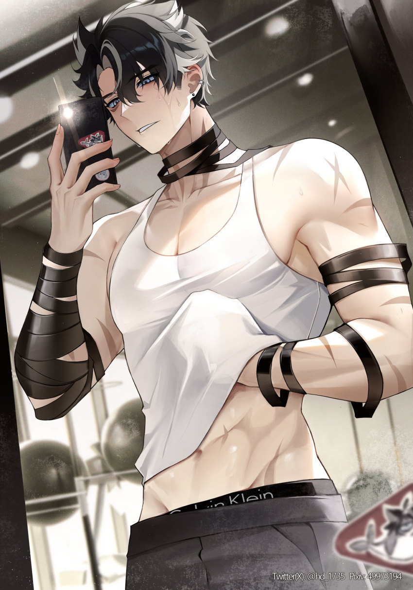 1boy abs bandages black_hair blue_eyes calvin_klein clothes_lift earrings genshin_impact grey_hair grey_pants gym hair_between_eyes highres holding holding_phone jewelry male_focus midriff multicolored_hair navel pants phone scar shirt_lift short_hair solcha solo stomach streaked_hair tank_top white_tank_top wriothesley_(genshin_impact)