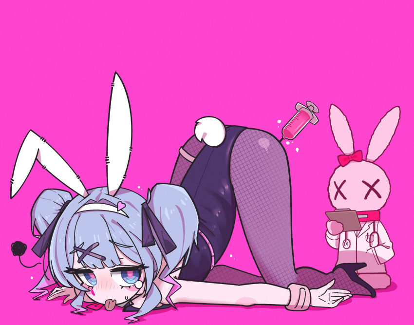 1girl :p animal_ears bare_shoulders black_footwear black_ribbon blue_eyes blue_hair facial_mark fake_animal_ears fake_tail fang fishnet_pantyhose fishnets gradient_hair hair_intakes hair_ornament hair_ribbon hairband hashtag_only_commentary hatsune_miku heart heart_hair_ornament highres leotard multicolored_hair on_floor pantyhose pink_background pink_hair pink_pupils playboy_bunny rabbit rabbit_ears rabbit_hole_(vocaloid) rabbit_tail ribbon seonmeoseum sidelocks simple_background single_tear skin_fang squiggle sweatdrop syringe tail teardrop_facial_mark tongue tongue_out top-down_bottom-up twintails vocaloid white_hairband x_hair_ornament