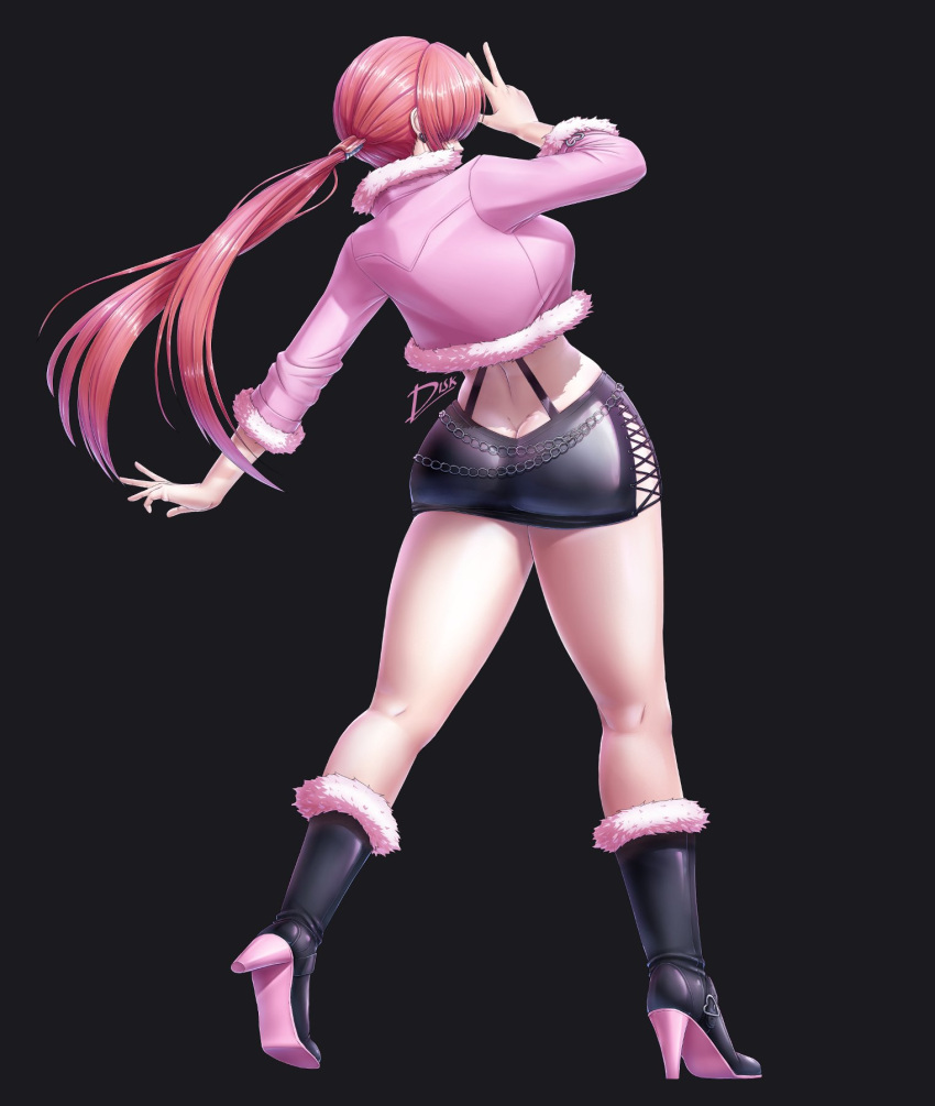 1girl ass boots breasts brown_hair cleavage cleavage_cutout clothing_cutout cropped_jacket diskette earrings hair_over_eyes high_heel_boots high_heels highres jewelry large_breasts leotard lipstick long_hair makeup miniskirt ponytail red_hair shermie_(kof) skirt solo the_king_of_fighters twintails