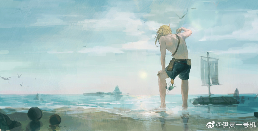 1boy back bare_arms bare_legs bare_shoulders beach belt belt_bag blonde_hair blue_shorts blue_sky boat brown_bag brown_belt chest_belt chinese_commentary cloud commentary_request crab day eye_print from_behind full_body hand_on_own_knee hand_up highres link long_hair male_focus ocean outdoors pointy_ears rock sailboat short_ponytail shorts shoulder_blades simple_bird sky solo spine sun the_legend_of_zelda the_legend_of_zelda:_breath_of_the_wild topless_male watercraft watermark weibo_logo weibo_username yi_ling_yi_hao_ji