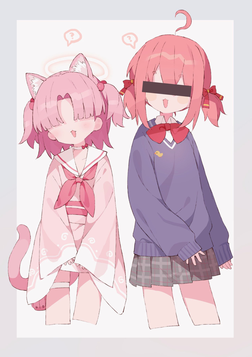 2girls :3 ? ahoge animal_ears aruko_okara bar_censor blue_archive blush border bow bowtie cat_ears cat_tail censored chlorella_observation_club_member_(blue_archive) commentary covered_eyes crossover faceless faceless_female grey_border grey_skirt hair_bobbles hair_bow hair_ornament hair_over_eyes halo highres holster identity_censor indie_virtual_youtuber japanese_clothes kimono multiple_girls multiple_hair_bows neckerchief open_mouth pink_hair pink_kimono pink_neckerchief plaid plaid_skirt pleated_skirt purple_hair red_bow red_bowtie sailor_collar school_uniform short_hair short_kimono short_twintails side-by-side sidelocks simple_background skirt sleeves_past_wrists spoken_question_mark standing symbol-only_commentary tail thigh_holster tokumei_radio tomo_(ryo_i_so_) trait_connection twintails two_side_up white_sailor_collar wide_sleeves