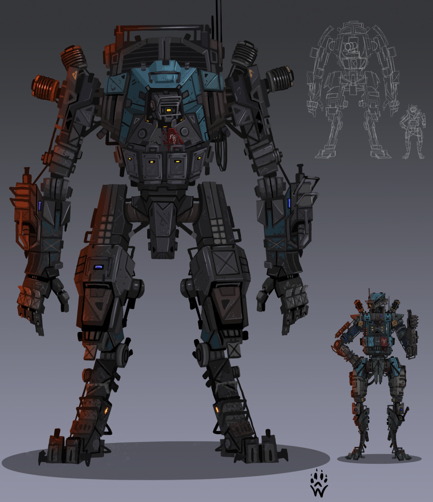 absurdres apex_legends cable english_commentary full_body grey_background highres humanoid_robot looking_down looking_to_the_side mecha no_humans one-eyed orange_eyes pathfinder_(apex_legends) robot science_fiction shadow thumbs_up titan_(titanfall) titanfall_(series) wolfdawg_art