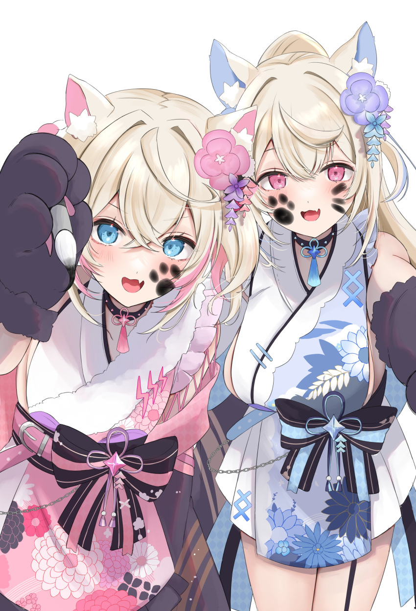 2girls absurdres animal_ear_fluff animal_ears animal_hands belt black_collar black_sash blonde_hair blue_belt blue_eyes blue_hair blue_kimono blush breasts calligraphy_brush collar dog_ears dog_girl dog_paws fang flower fuwawa_abyssgard fuwawa_abyssgard_(new_year) hair_flower hair_ornament highres holding holding_calligraphy_brush holding_paintbrush hololive hololive_english japanese_clothes kimono large_breasts long_hair medium_hair mococo_abyssgard mococo_abyssgard_(new_year) multicolored_hair multiple_girls nerorigogo obi official_alternate_costume open_mouth paintbrush pink_belt pink_eyes pink_hair pink_kimono sash siblings sisters skin_fang sleeveless sleeveless_kimono small_breasts smile spiked_collar spikes streaked_hair twins virtual_youtuber