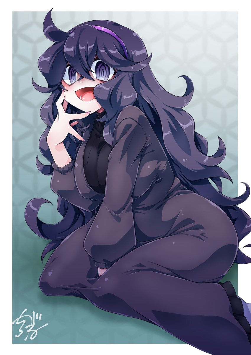 1girl :d alternate_breast_size black_hair border breasts commentary_request covered_nipples crossed_bangs curly_hair dress hair_between_eyes hairband hand_up happy hex_maniac_(pokemon) highres large_breasts leaning long_hair looking_at_viewer lower_teeth_only nail_polish open_mouth outside_border pokemon pokemon_xy purple_hairband ringed_eyes shirogane_(cufsser) smile solo teeth tongue white_border