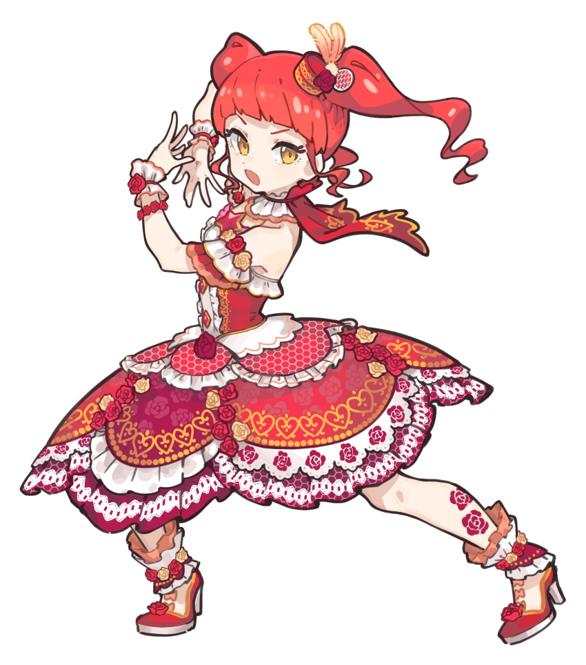 1girl akagi_anna blunt_bangs capelet detached_collar dress floral_print flower frilled_dress frills fugota6509 full_body hands_up hat hat_feather hat_flower high_heels highres idol_clothes kiratto_pri_chan leg_tattoo legs_apart long_hair looking_at_viewer mini_hat open_mouth pretty_series print_dress red_capelet red_dress red_flower red_footwear red_hair red_rose rose shoes simple_background sleeveless sleeveless_dress solo standing tattoo twintails white_background wrist_cuffs yellow_eyes