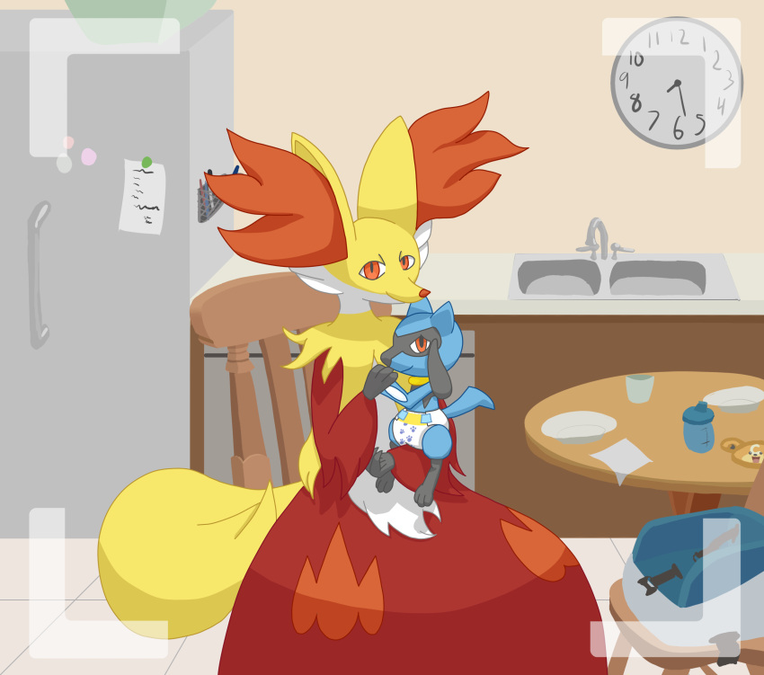 ageplay ambiguous_gender appliance booster_seat camera_view chair clock clothing delphox diaper duo emesis_nemesis fridge furniture generation_4_pokemon generation_6_pokemon hand_holding hi_res infantilism kitchen kitchen_appliance kitchen_table looking_at_viewer nintendo pokemon pokemon_(species) posing_for_picture riolu roleplay sink size_difference underwear young_(lore)