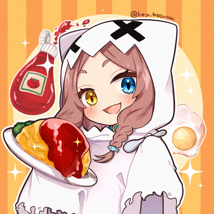 1girl blue_eyes blush braid egg_(food) fish_hair_ornament food fried_egg hair_ornament heterochromia hey_kouzesan highres holding holding_spoon indie_virtual_youtuber ketchup long_hair omelet omurice open_mouth outline plate shadow smile solo sparkle spoon white_outline yellow_eyes yuduki_miya