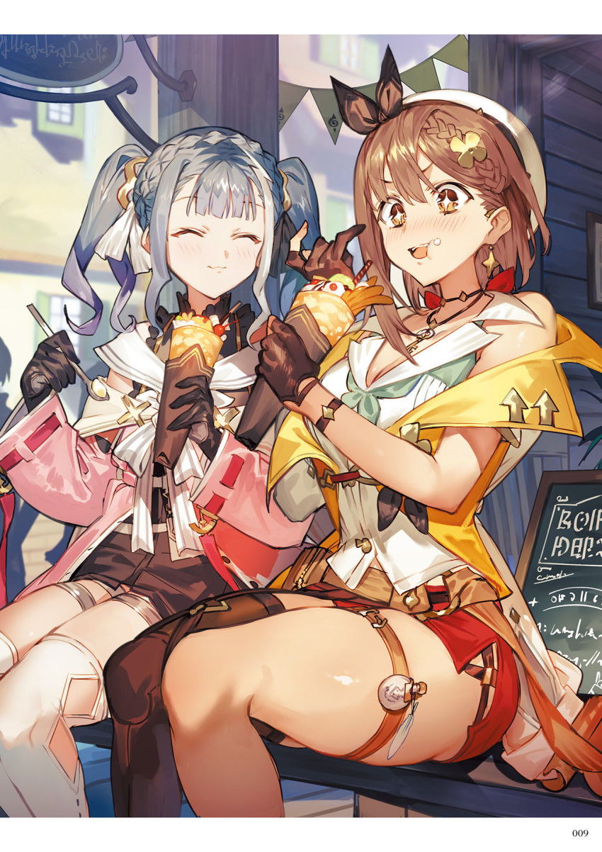 2girls ^_^ atelier_(series) atelier_ryza atelier_ryza_2 bangs beret black_gloves blunt_bangs blush braid breasts brown_eyes brown_gloves brown_hair brown_legwear cleavage closed_eyes closed_mouth crepe earrings food food_on_face gloves hat highres holding holding_food holding_spoon jewelry key_necklace leg_garter long_sleeves medium_breasts multiple_girls open_mouth patricia_abelheim red_shorts reisalin_stout short_hair short_shorts shorts silver_hair single_thighhigh sitting sparkling_eyes spoon thick_thighs thighhighs thighs toridamono twintails white_headwear white_legwear