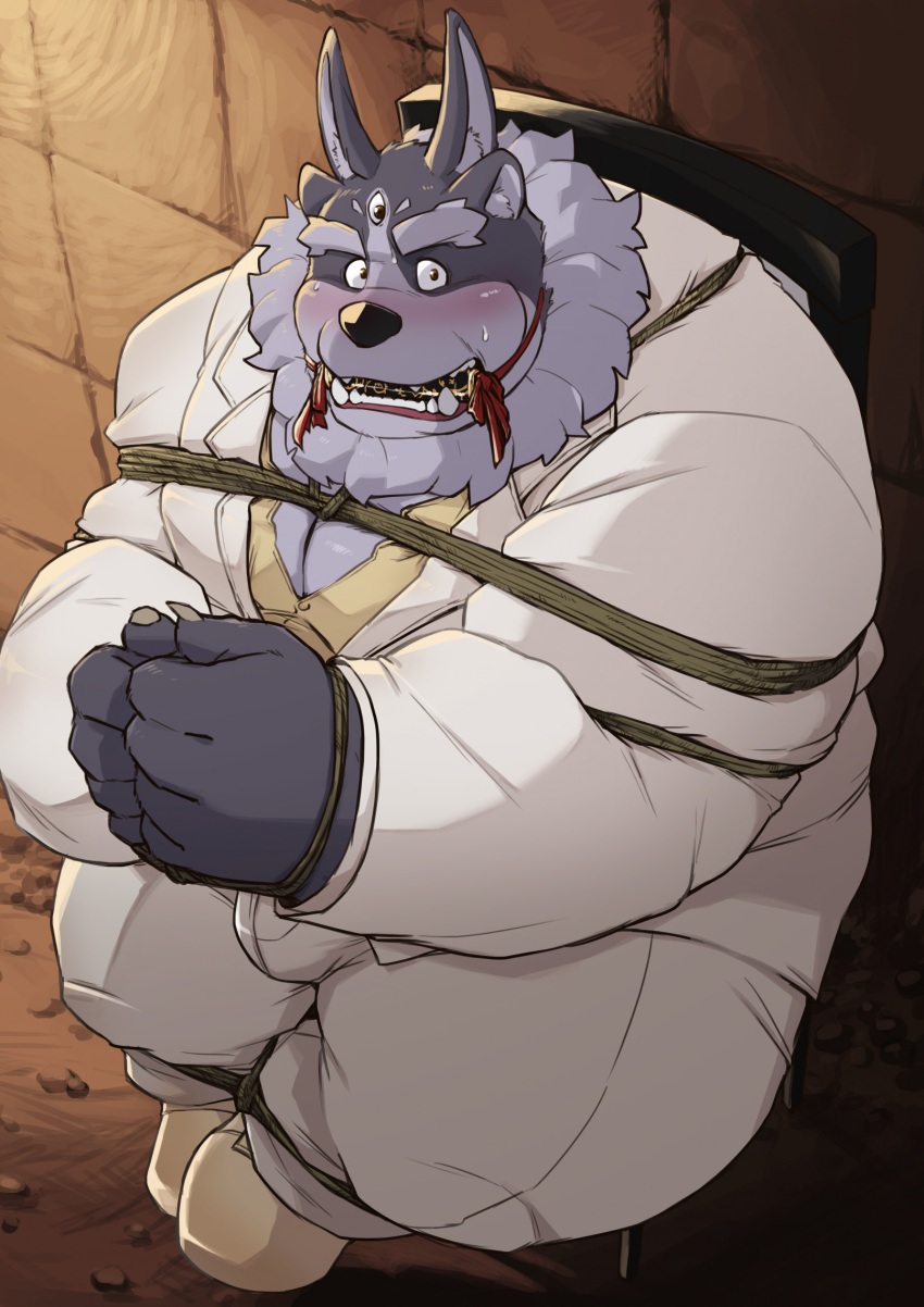 3_eyes anthro arms_tied blush bound captured clothing fur gag gagged grey_body grey_fur hi_res legs_tied lifewonders male multi_eye necktie othukimi solo suit tokyo_afterschool_summoners tsathoggua