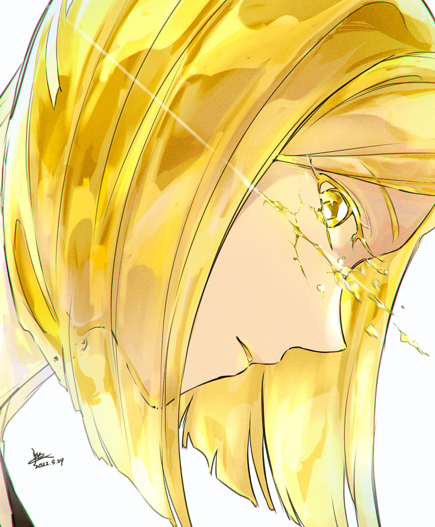1other androgynous blonde_hair bob_cut colored_eyelashes commentary cracked_skin dated from_side highres houseki_no_kuni light_trail looking_at_viewer motion_blur other_focus parted_lips portrait profile rokipanda short_hair sideways_glance signature simple_background solo white_background yellow_diamond_(houseki_no_kuni) yellow_eyes yellow_theme
