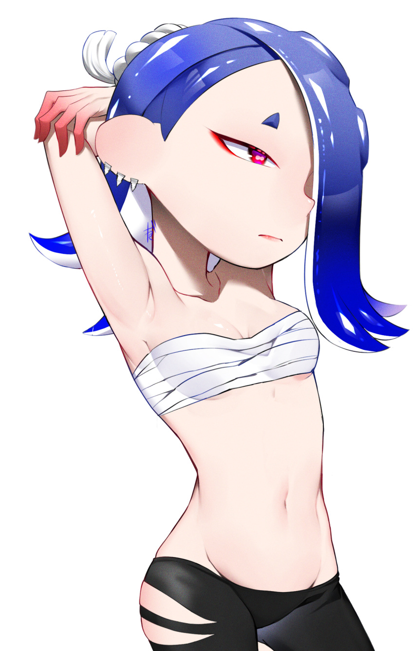 1girl armpits arms_behind_head black_pants blue_hair breasts cephalopod_eyes chest_sarashi closed_mouth commentary_request groin hachimaki hair_over_one_eye headband highres medium_breasts medium_hair navel nejiri_hachimaki octoling pants red_eyes red_pupils sarashi shiver_(splatoon) simple_background solo splatoon_(series) splatoon_3 standing takagi_(tkgiii) tentacle_hair thick_eyebrows tooth_earrings torn_clothes torn_pants white_background