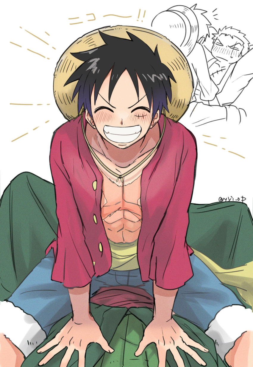 absurdres black_hair blue_shorts blush boy_on_top closed_eyes coat couple green_coat haramaki hat hat_on_back highres long_sleeves male_focus monkey_d._luffy multiple_views one_piece open_clothes open_shirt pectoral_cleavage pectorals red_sash red_shirt roronoa_zoro sash scar scar_across_eye scar_on_cheek scar_on_chest scar_on_face shirt short_hair shorts smile solo_focus straddling straw_hat sweatdrop translated yaoi yayoi_(yyi_op) yellow_sash