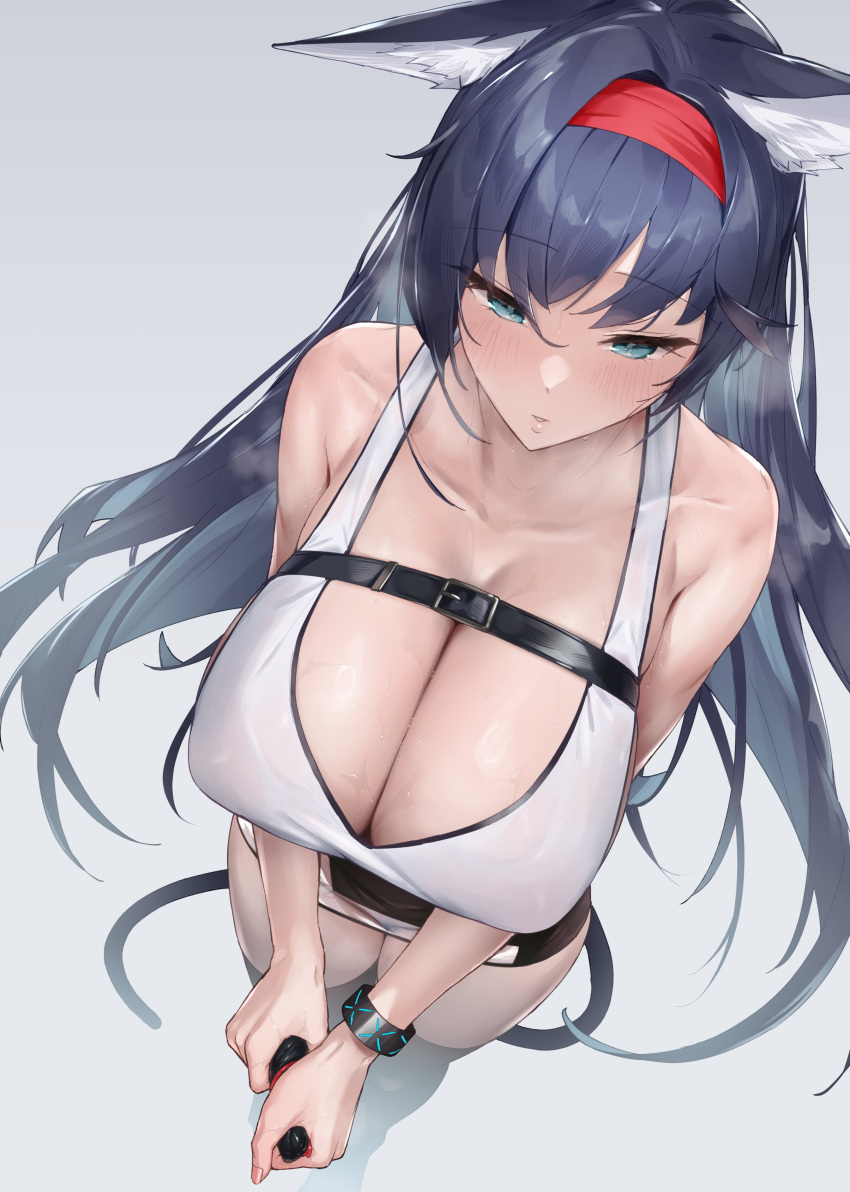 1girl absurdres animal_ear_fluff animal_ears arknights bare_shoulders black_hair black_skirt blaze_(arknights) blue_eyes blue_hair blush breasts buckle cat_ears cat_girl cat_tail cleavage from_above grey_background hair_between_eyes hairband highres holding infection_monitor_(arknights) large_breasts long_hair multicolored_hair nitro_(mugityaoisii) parted_lips red_hairband see-through see-through_skirt sidelocks simple_background skirt solo sweat tail tank_top thighhighs very_long_hair white_tank_top wringing